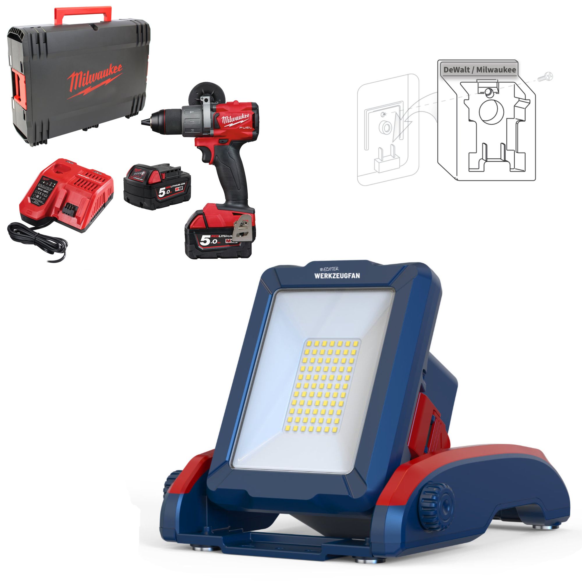 Echter Werkzeugfan Set Akku LED Arbeitsstrahler 2900lm + Milwaukee M18FPD2-502X