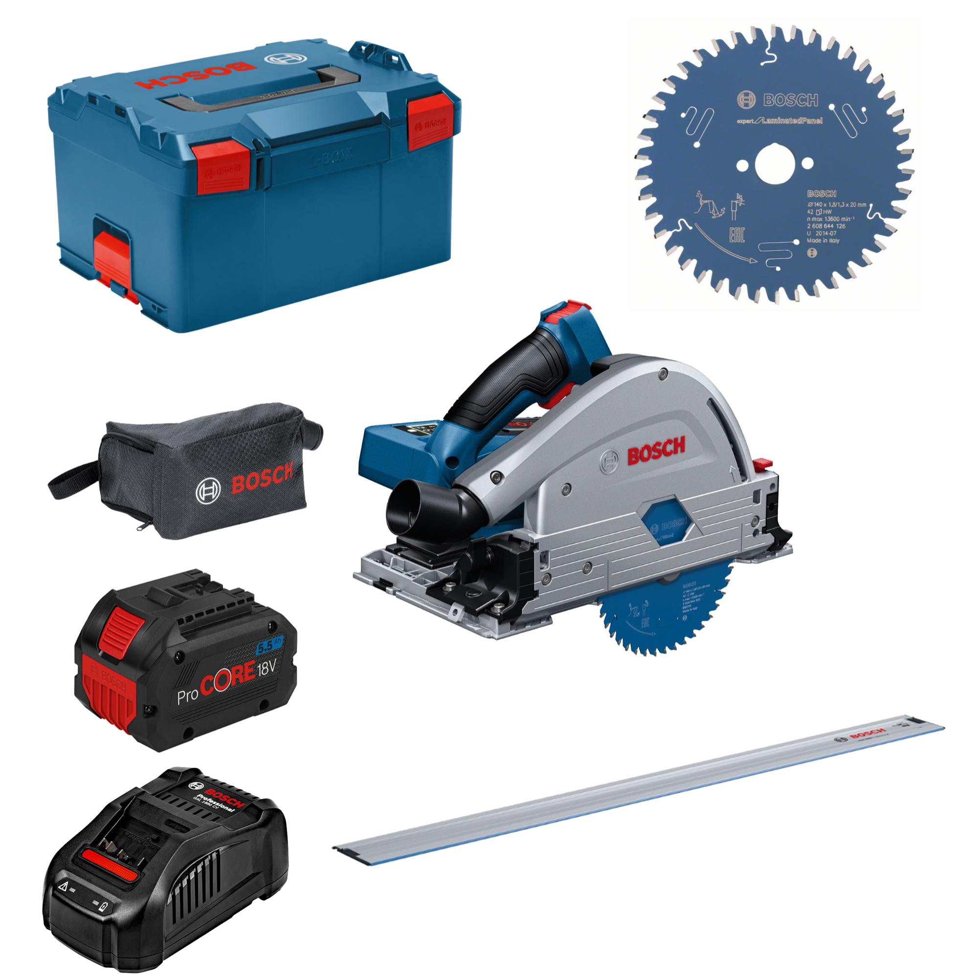 Bosch Akku-Tauchsäge BITURBO GKT 18V-52 GC 2x ProCORE 5,5 Ah + Lader + FSN 1400 Kreissägeblatt