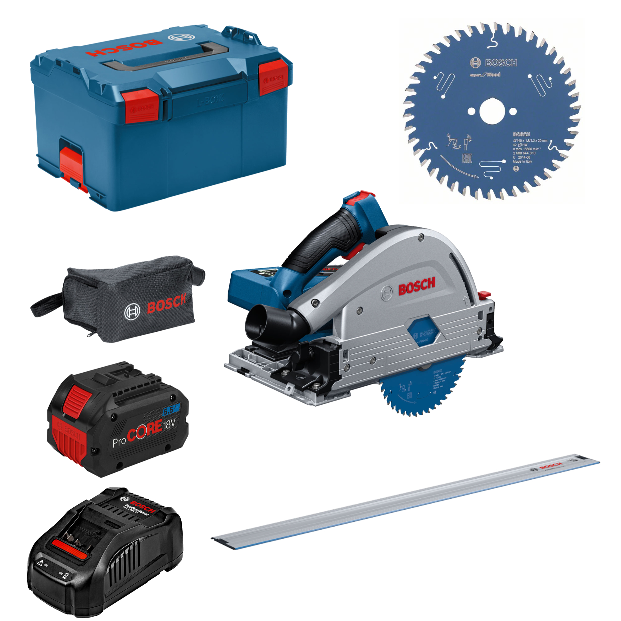 Bosch Akku-Tauchsäge BITURBO GKT 18V-52 GC 2x ProCORE 5,5 Ah + Lader + FSN 1400 + extra Kreissägeblatt