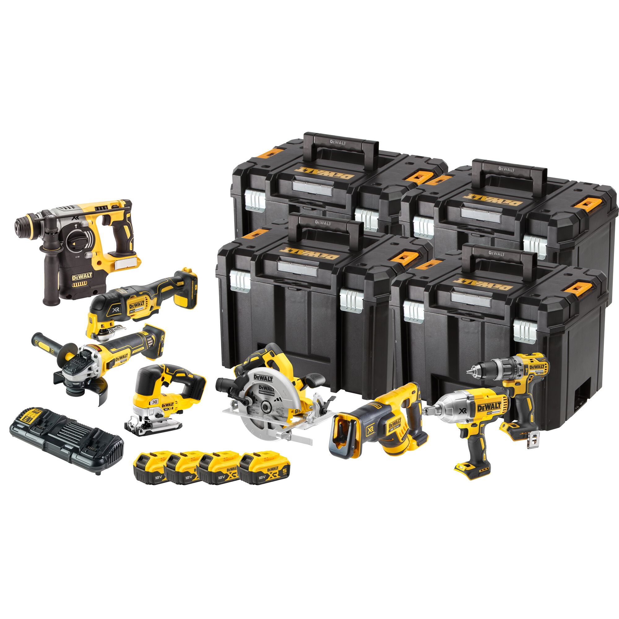 DEWALT Akku Kombopack DCK865P4T: 18 Volt - 8 Geräte, 4x 5,0 Ah + Doppelladegerät
