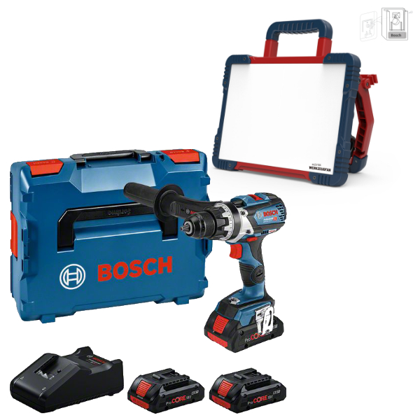 Bosch Akku-Bohrschrauber GSR 18V-110 C 3x 4,0 Ah ProCore Akku + Lader in L-BOXX + EW LED Hybrid Baustrahler 5500 Lumen