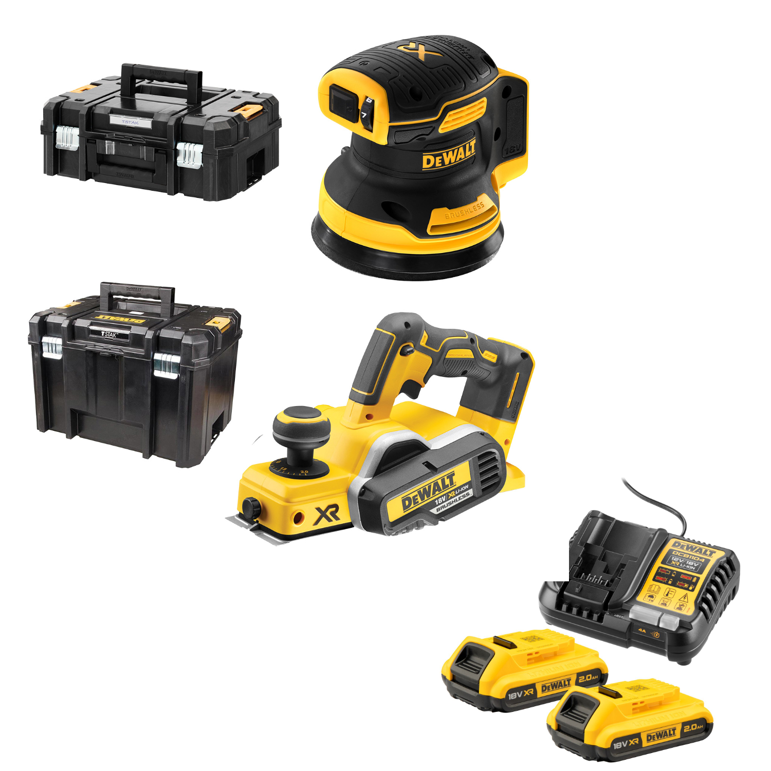 DEWALT Akku-Falzhobel 18V DCP580NT-XJ TSTAK-Box VI + Exzenterschleifer 18V DCW210NT-XJ, 2x 18V / 2 Ah & Ladegerät