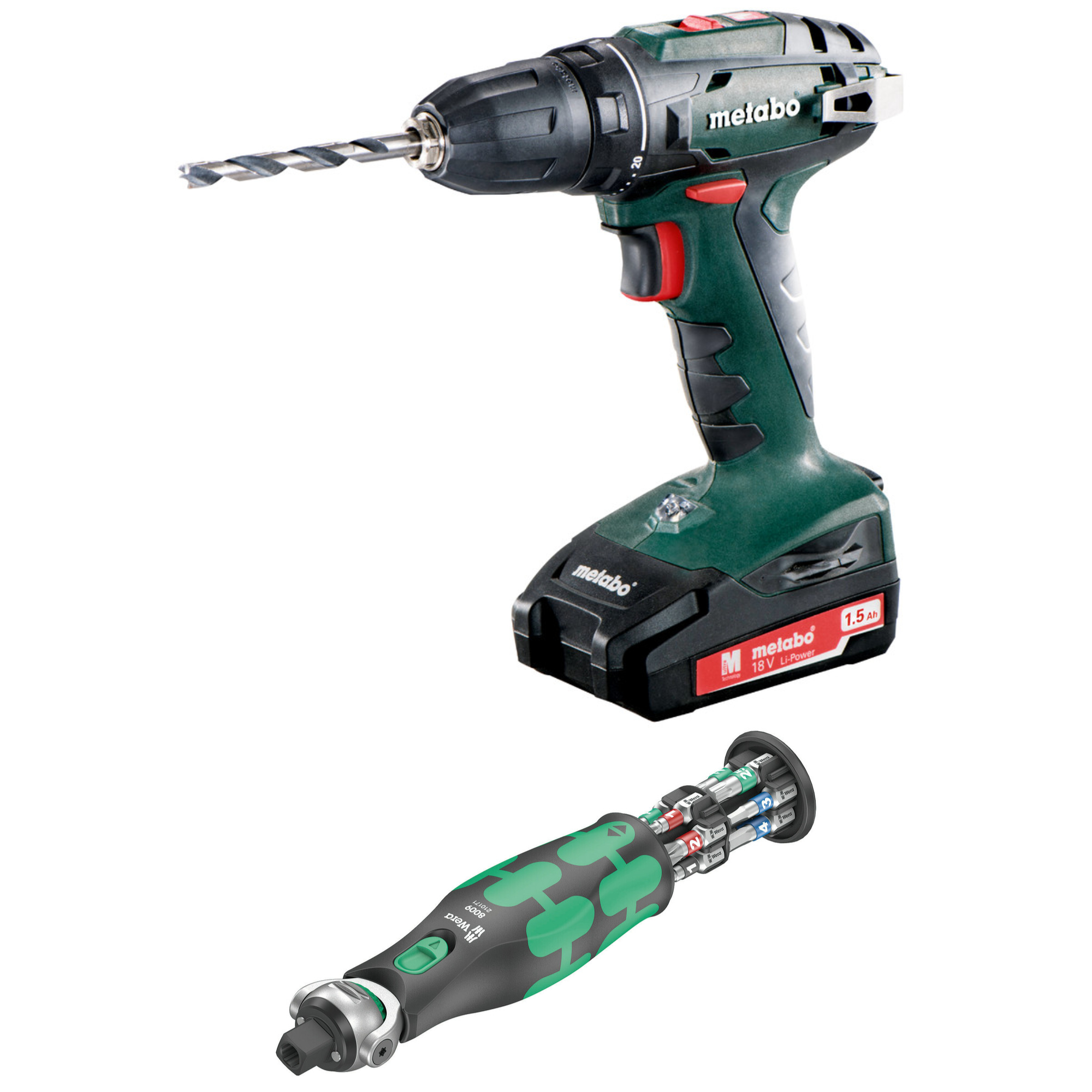 Metabo Akku-Bohrschrauber-Set BS 18 2x 1,5 Ah + Lader + Wera Zyklop Pocket 1
