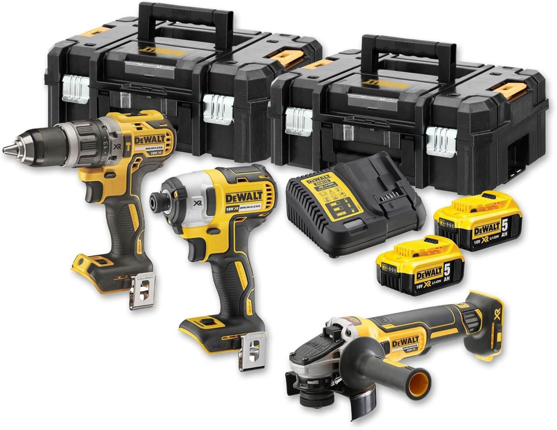 DEWALT Akku-Maschinen-Set 18 Volt DCK384P2T: DCD 796 + DCF 887 + DCG 405, 2x 5,0 Ah