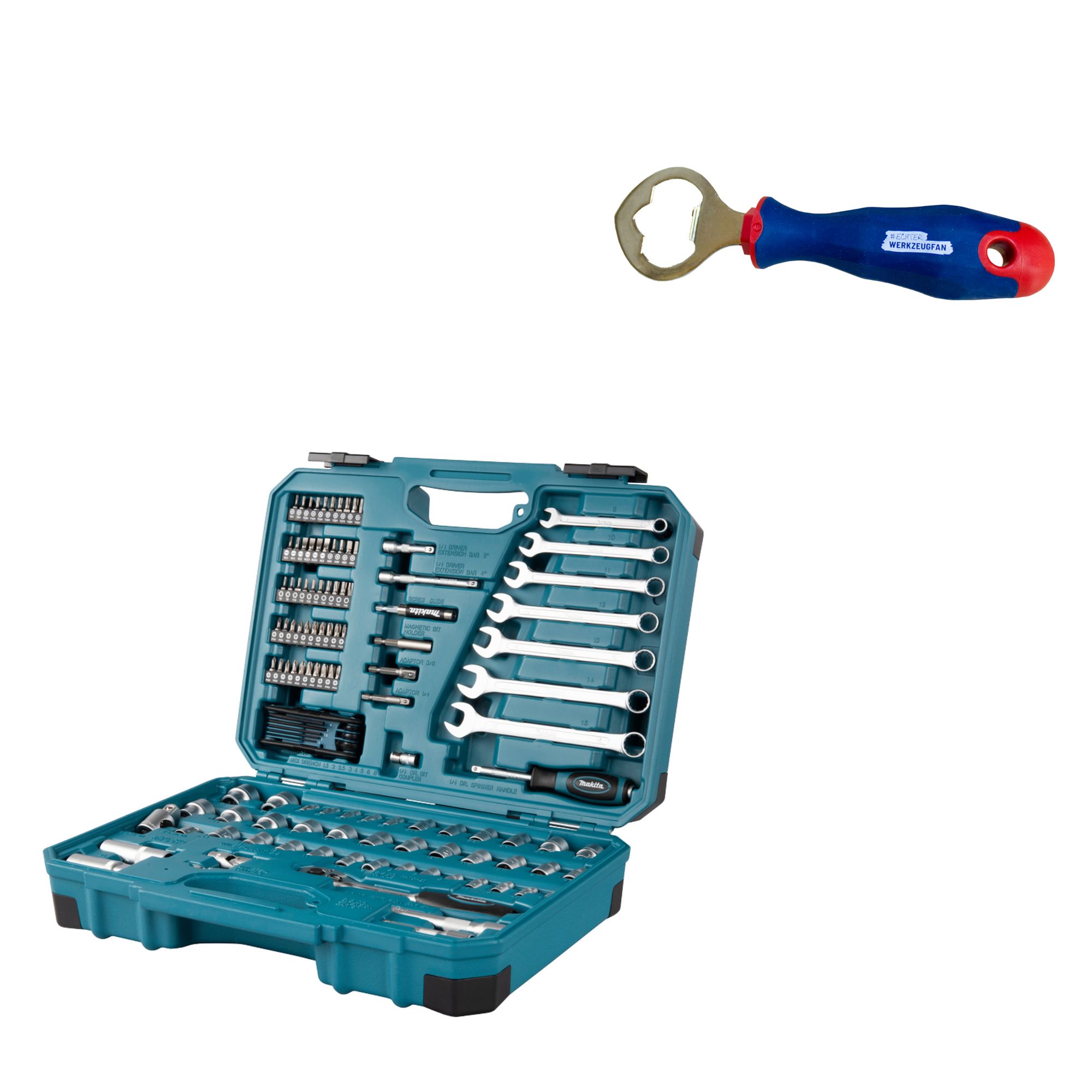 Makita Werkzeug-Set 120-tlg. E-06616 & Echter Werkzeugfan Flaschenöffner Perfect Comfort