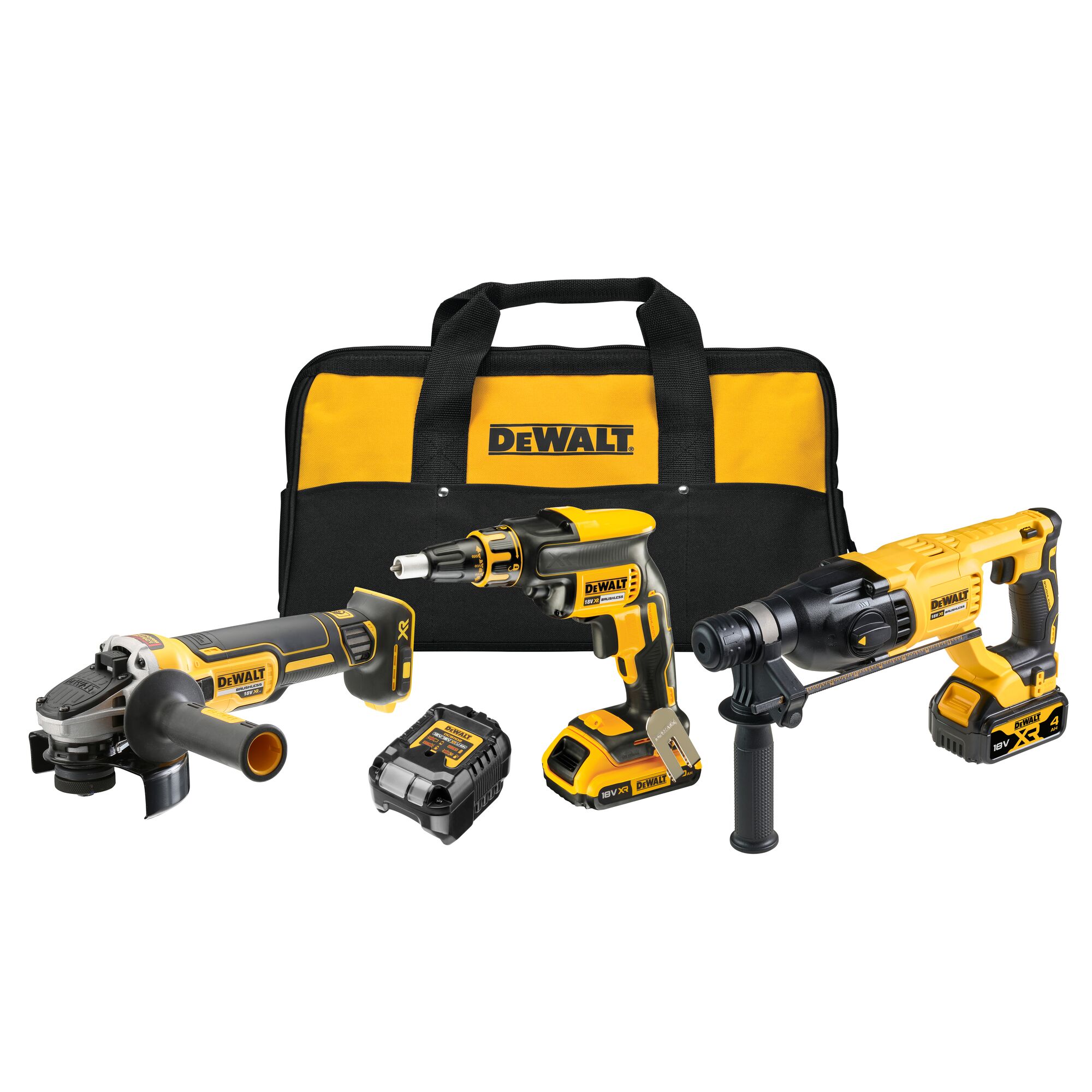 DEWALT Akku-Kombopack DCK308DM, 18 Volt: DCF620, DCH133, DCG405, 1x 2,0/4,0 Ah und Ladegerät