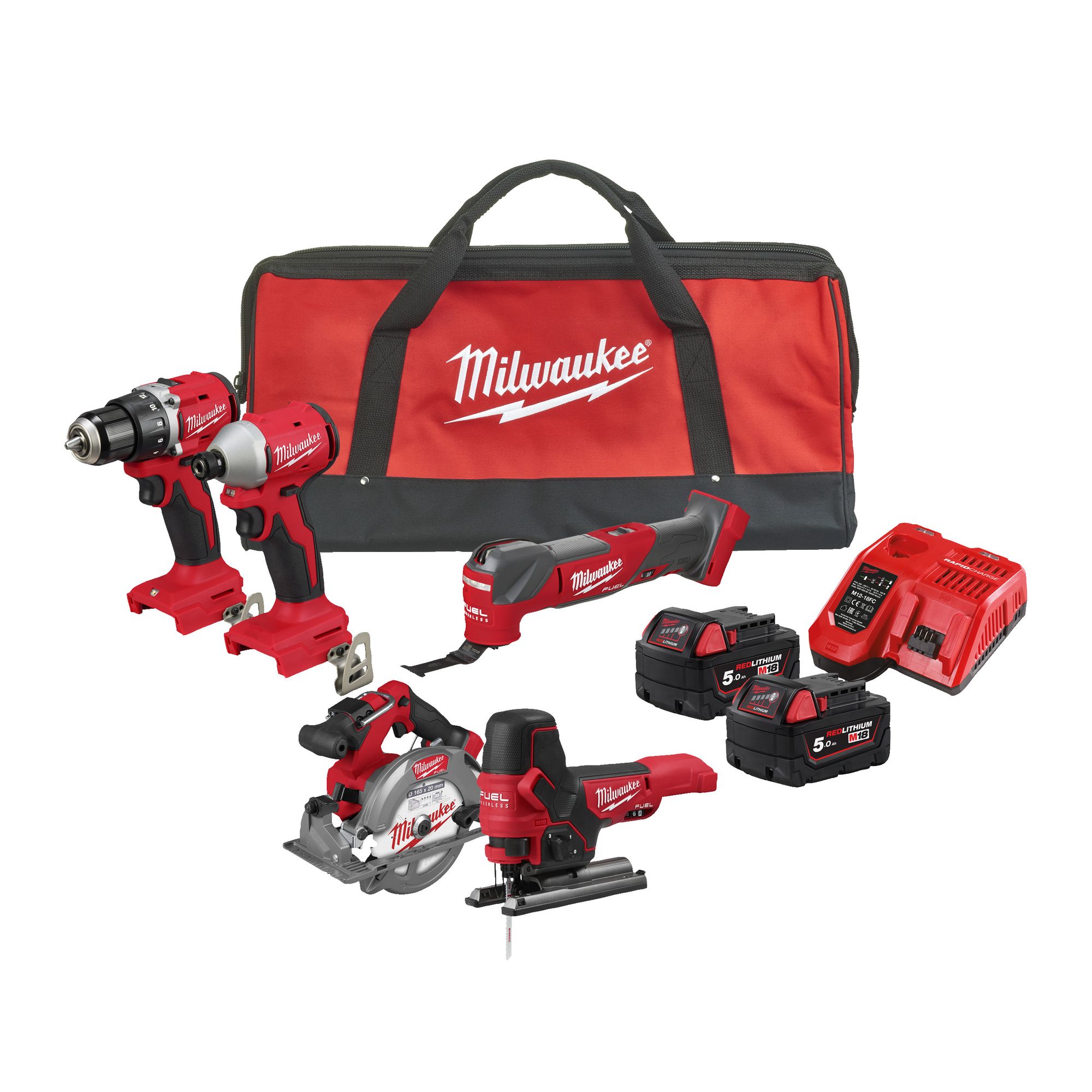 Milwaukee M18 Maschinen-Set POWERPACK M18 BLCPP5A-502B: 5 Geräte, 2x 5,0 Ah und Ladegerät in Tasche