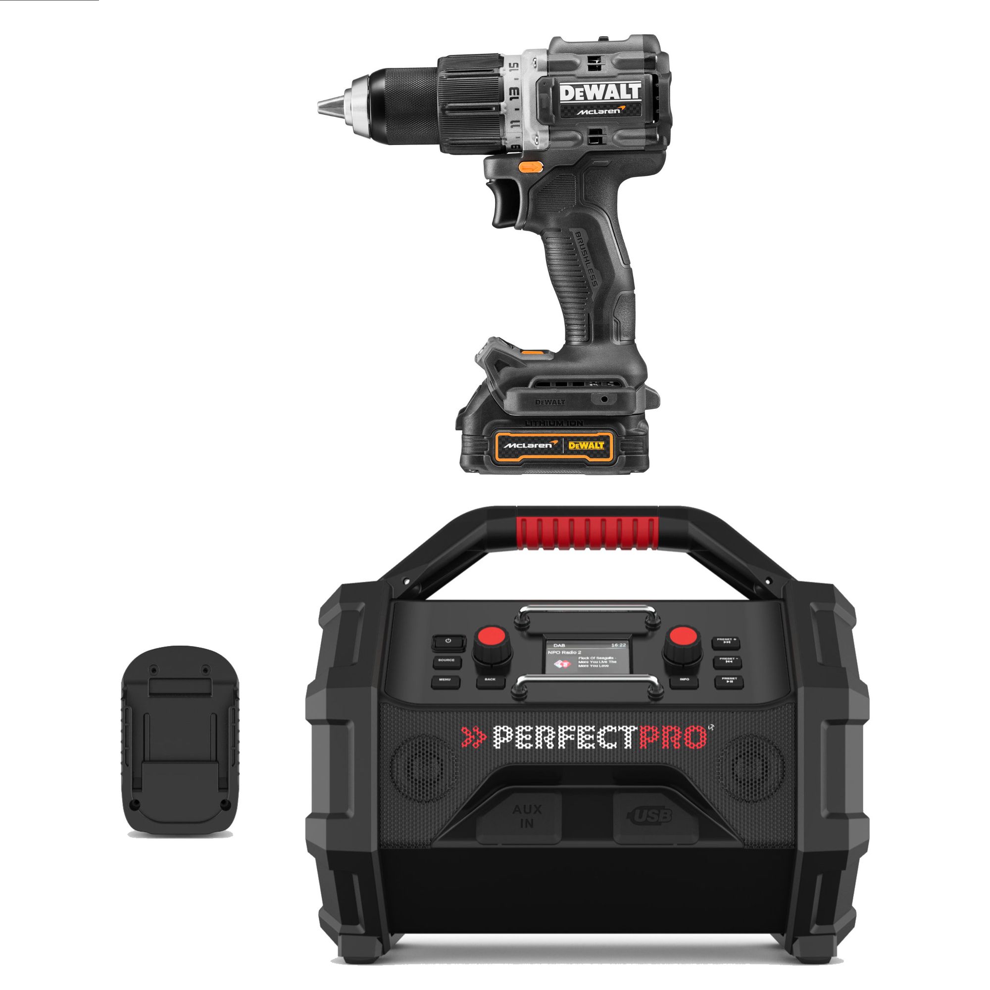 PerfectPro Baustellenradio-Set ROCKTAGON 18V AMPShare + DeWALT DCD85ME2GT McLaren Edition