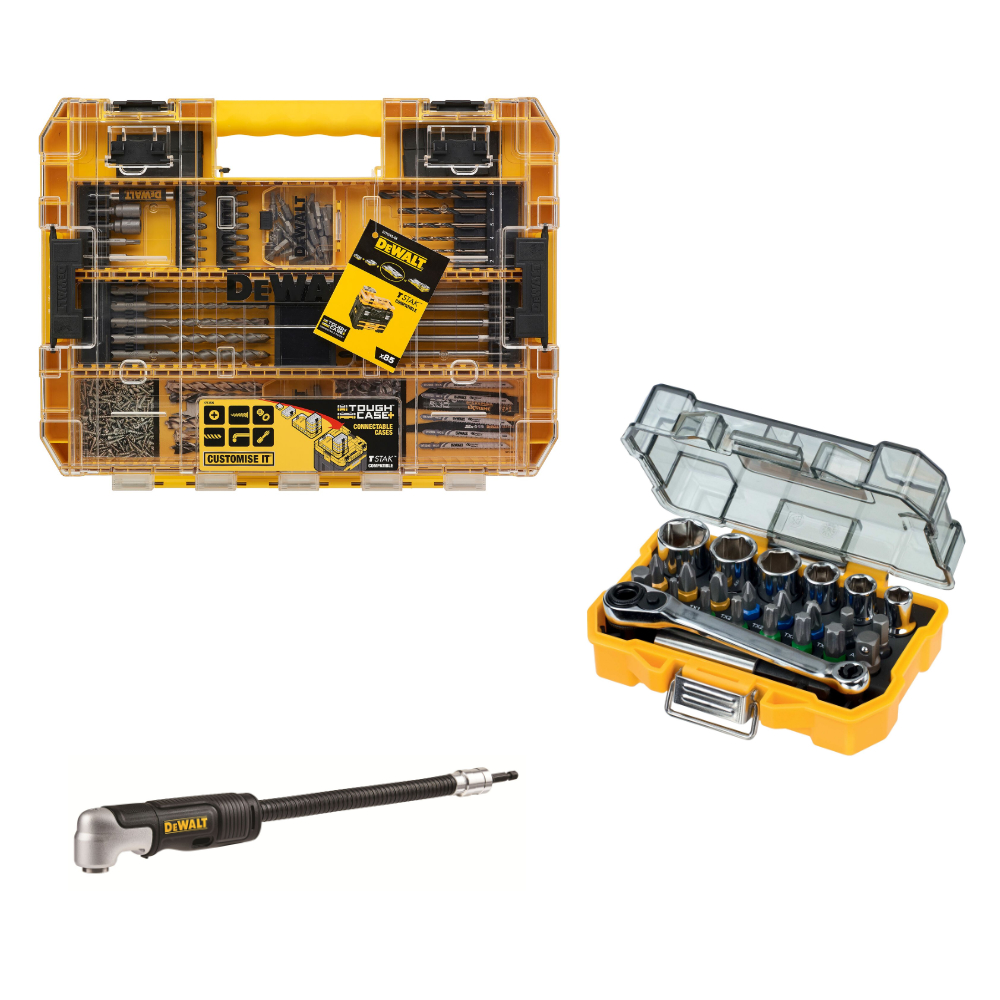 DEWALT Winkelbohrvorsatz 3-tlg. Set + Bit, Bohrer-Set 85-tlg. und Ratschen-Set