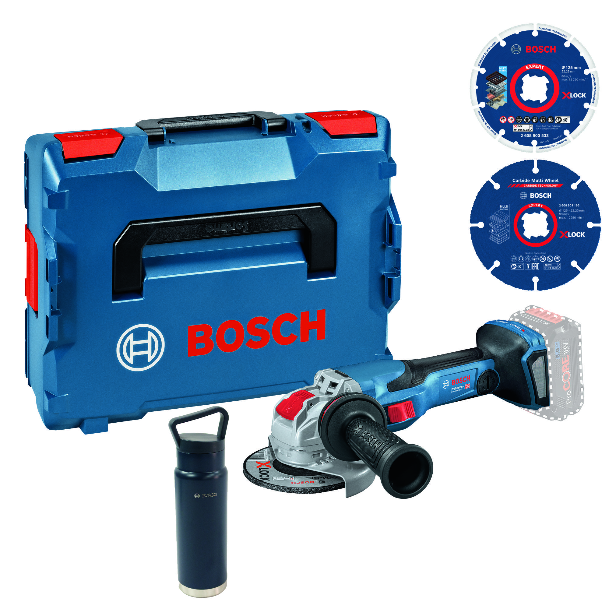 Bosch Akku-Winkelschleifer-Elektriker-Set GWX 18V-15 C BITURBO mit X-LOCK Trennscheiben + Isolierflasche
