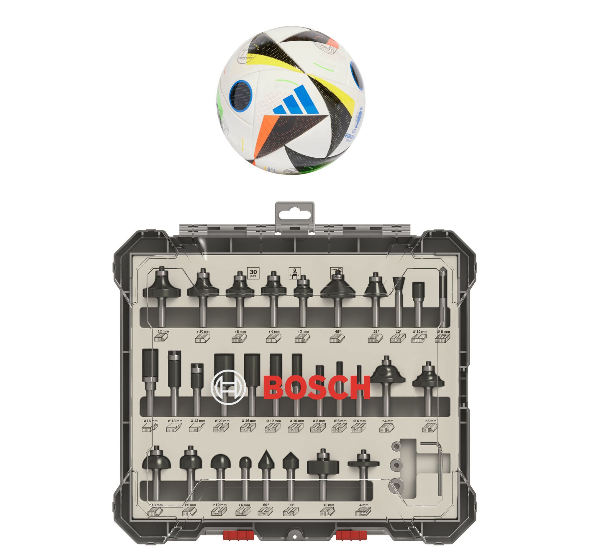 Bosch Fräser Set Mixed 30 teilig 8 mm Schaft für Oberfräsen + ADIDAS mini Fußball