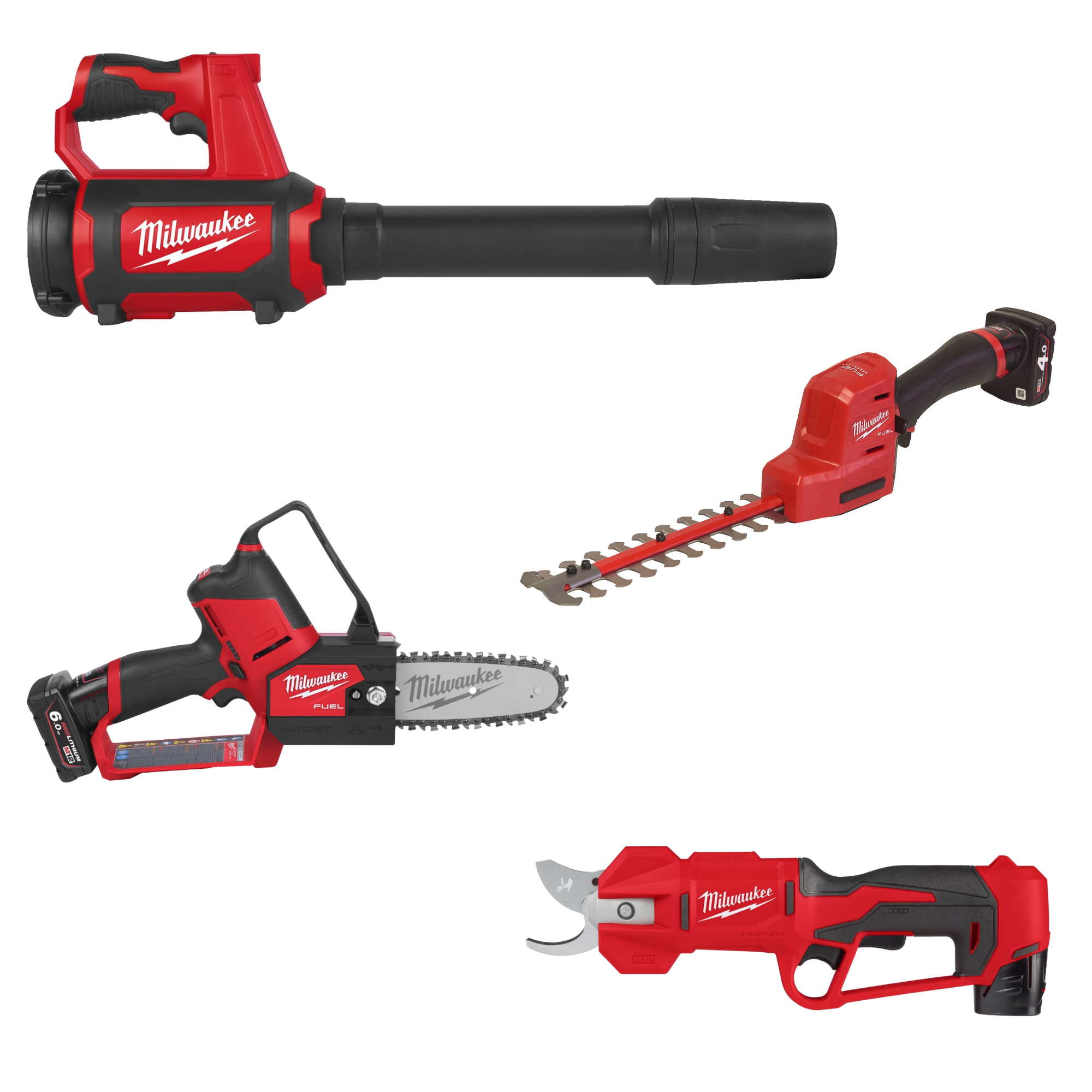 Milwaukee Akku-Astsäge M12 FHS-602X 2x 6,0 Ah Akku + Lader + Akku-Heckenschere M12FHT20 + Akku-Astschere M12BLPRS + Akku-Gebläse M12BBL