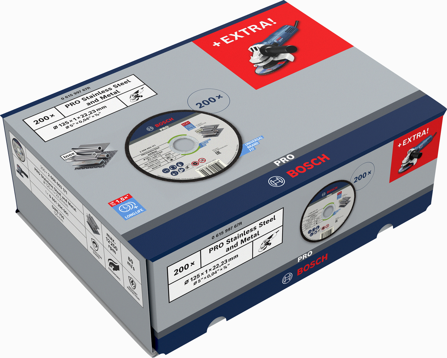 Bosch PRO Inox+Dischi da taglio in metallo 125 mm, 200 pezzi + smerigliatrice angolare GWS 750