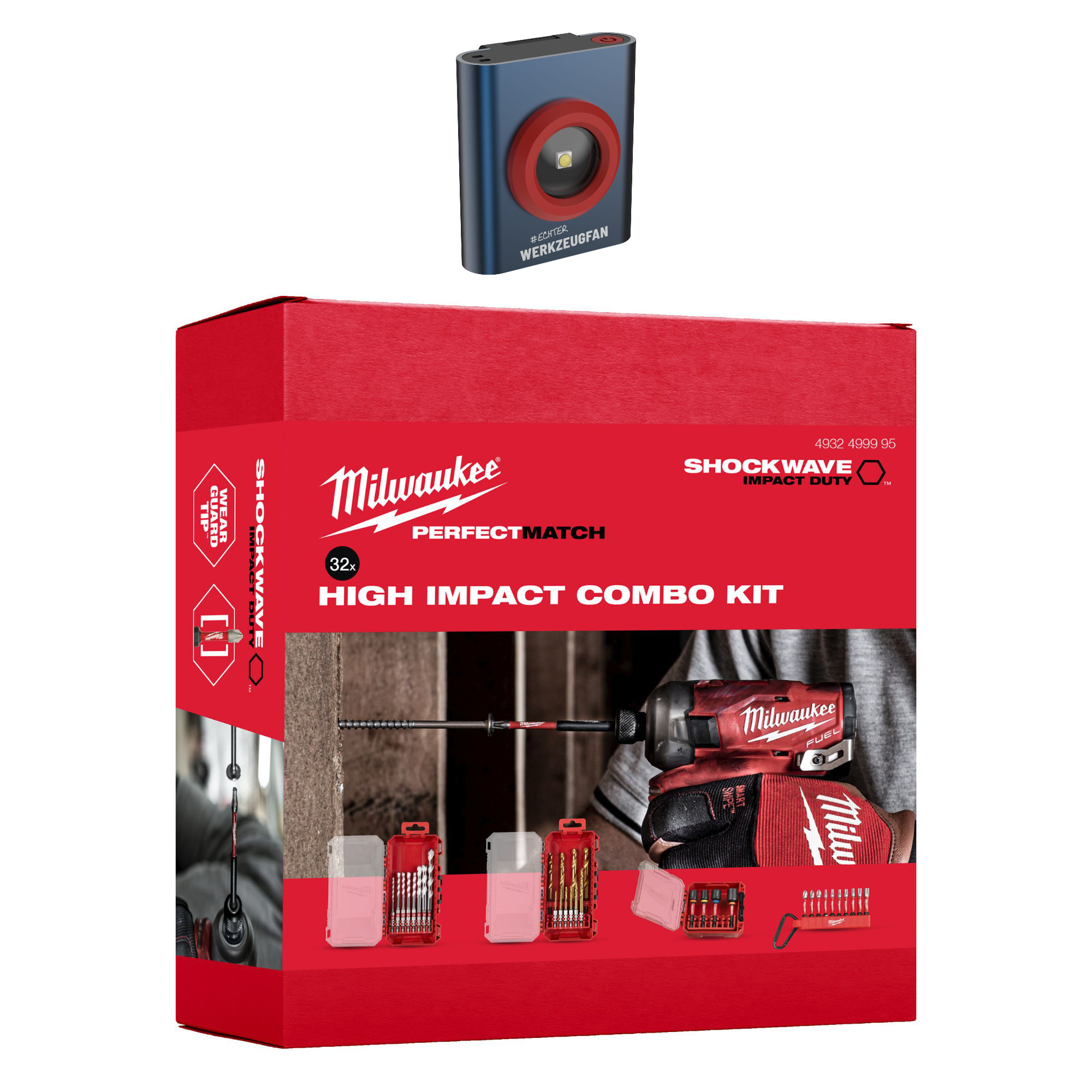 Milwaukee SHOCKWAVE Zubehör-Set 32-tlg. + Echter Werkzeugfan Mini Akku-Alustrahler LightPod 500R