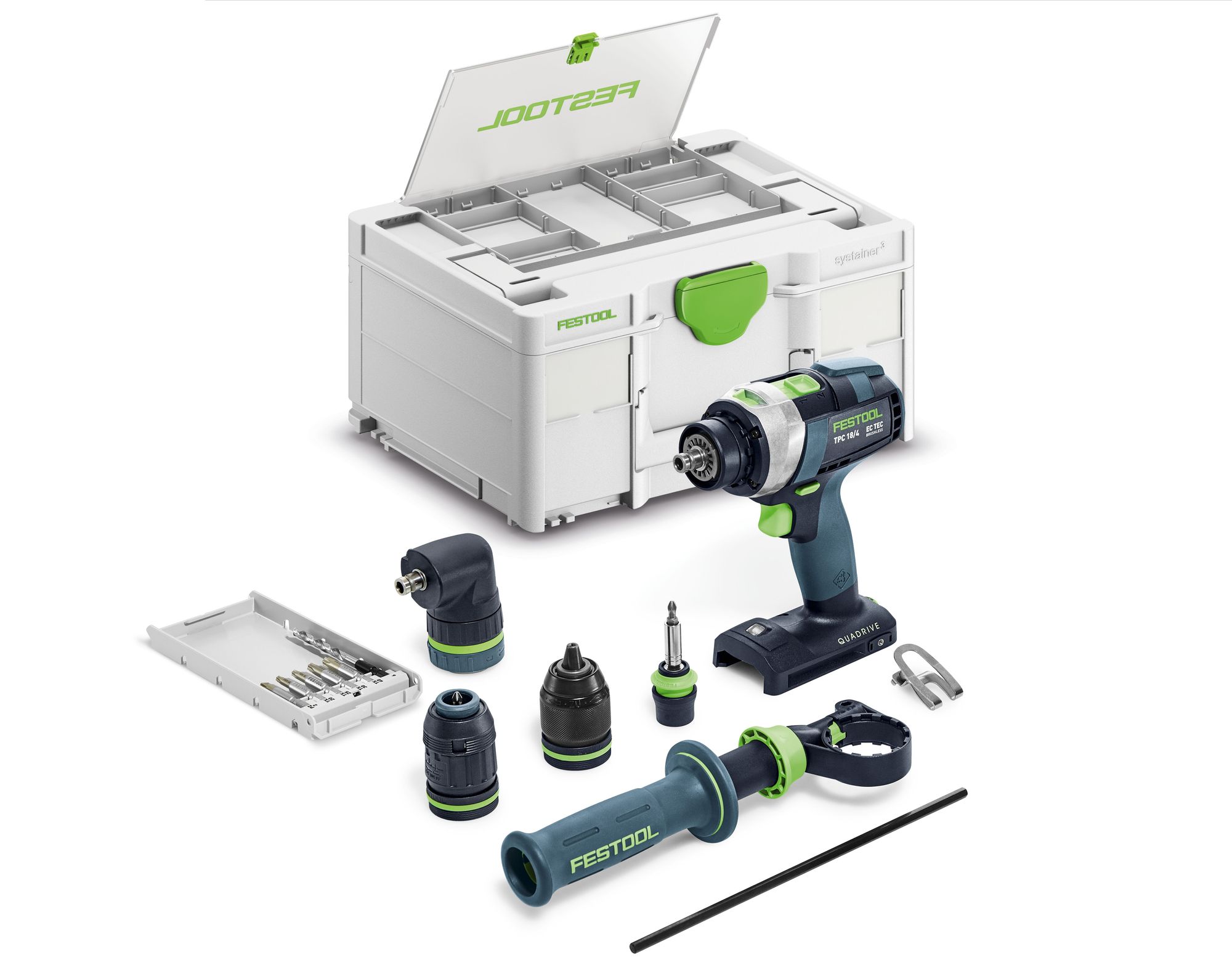Festool Akku-Schlagbohrschrauber QUADRIVE TPC 18/4 Basic-Set/XL mit 4 Aufsätzen und Zubehör, ohne Akku und Ladegerät im Systainer