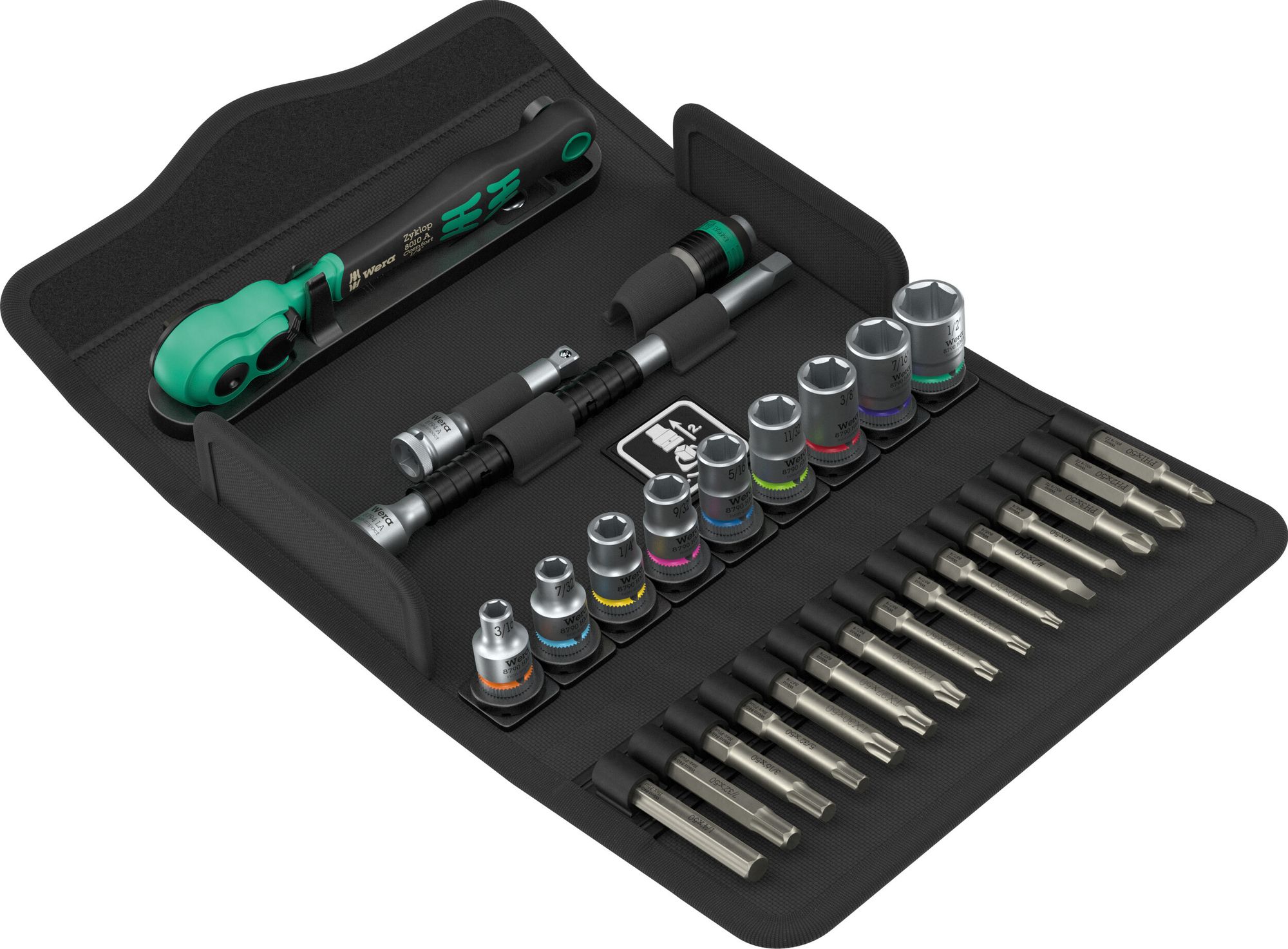 Set di cricchetti Wera 8100 SA 15 Zyklop Comfort, leva reversibile, attacco 1/4