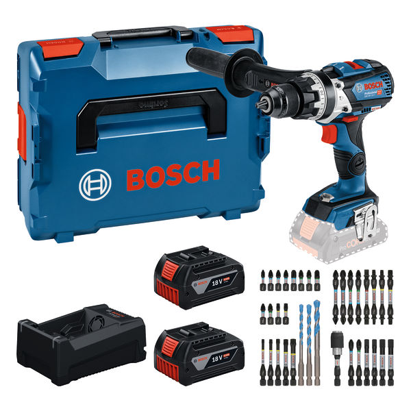 Bosch Akku-Schlagbohrschrauber GSB 18V-110 C, 2x 5,0 Ah und Ladegerät + Bit-Set in L-BOXX