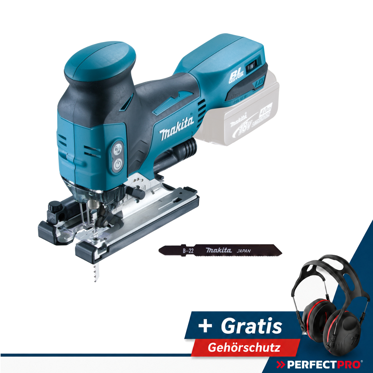 Makita Akku-Pendelhubstichsäge 18V DJV181Z ohne Akku ohne Ladegerät im Karton + PerfectPro Gehörschutz H-5