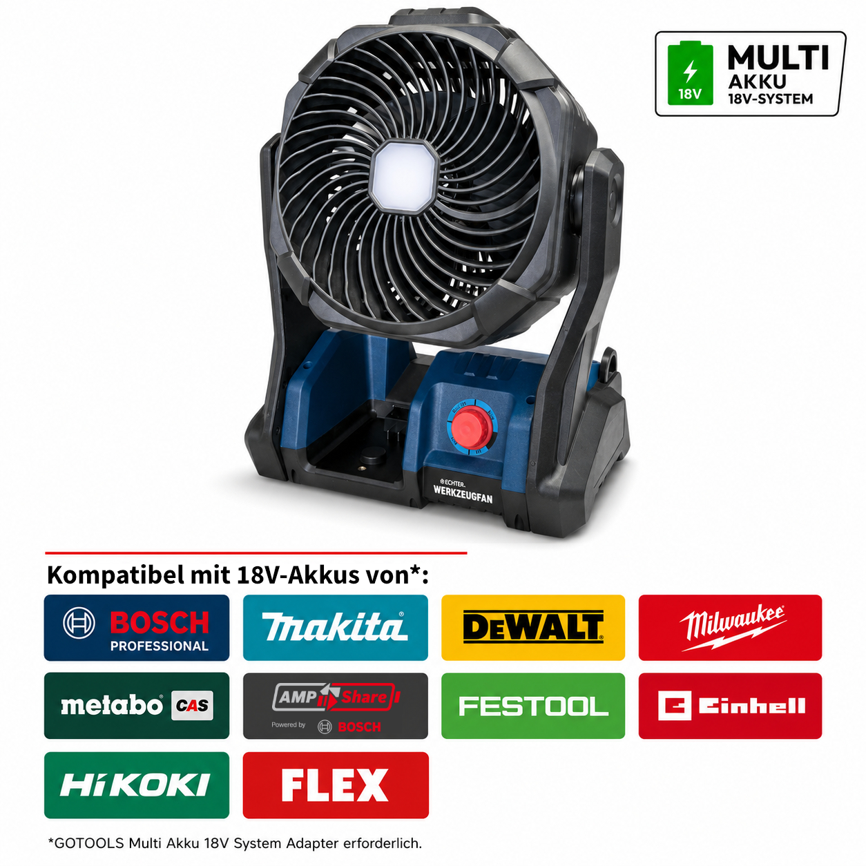 Echter Werkzeugfan Akku-Ventilator 18V Multi-Akku System mit LED-Licht