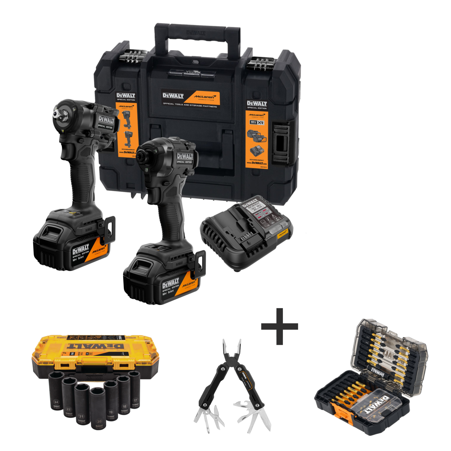 DEWALT Akku-Kombopack-Set x McLaren F1 Team DCK2224MP: DCF86M + DCF92M, 2x 5,0 Ah und Ladegerät + Zubehör