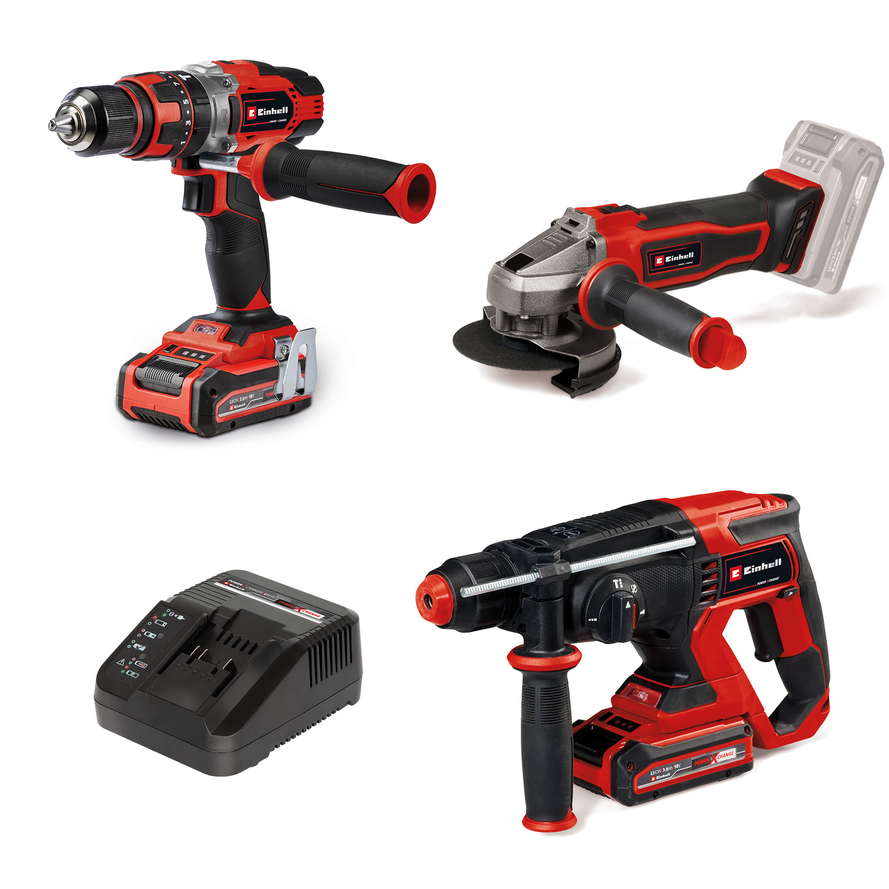 Einhell Akku-Maschinen-Set TE-TK 18/3 Li + 2 (CD + AG + HD), 2x 3,0 Ah und Ladegerät