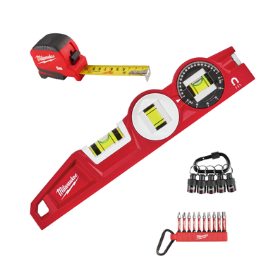 Milwaukee Wasserwaage Torpedo 360° + Pro-Compact Bandmaß 5 m + SHOCKWAVE Bit-Set TX/PZ/PH + Karabiner-Halter Set XL