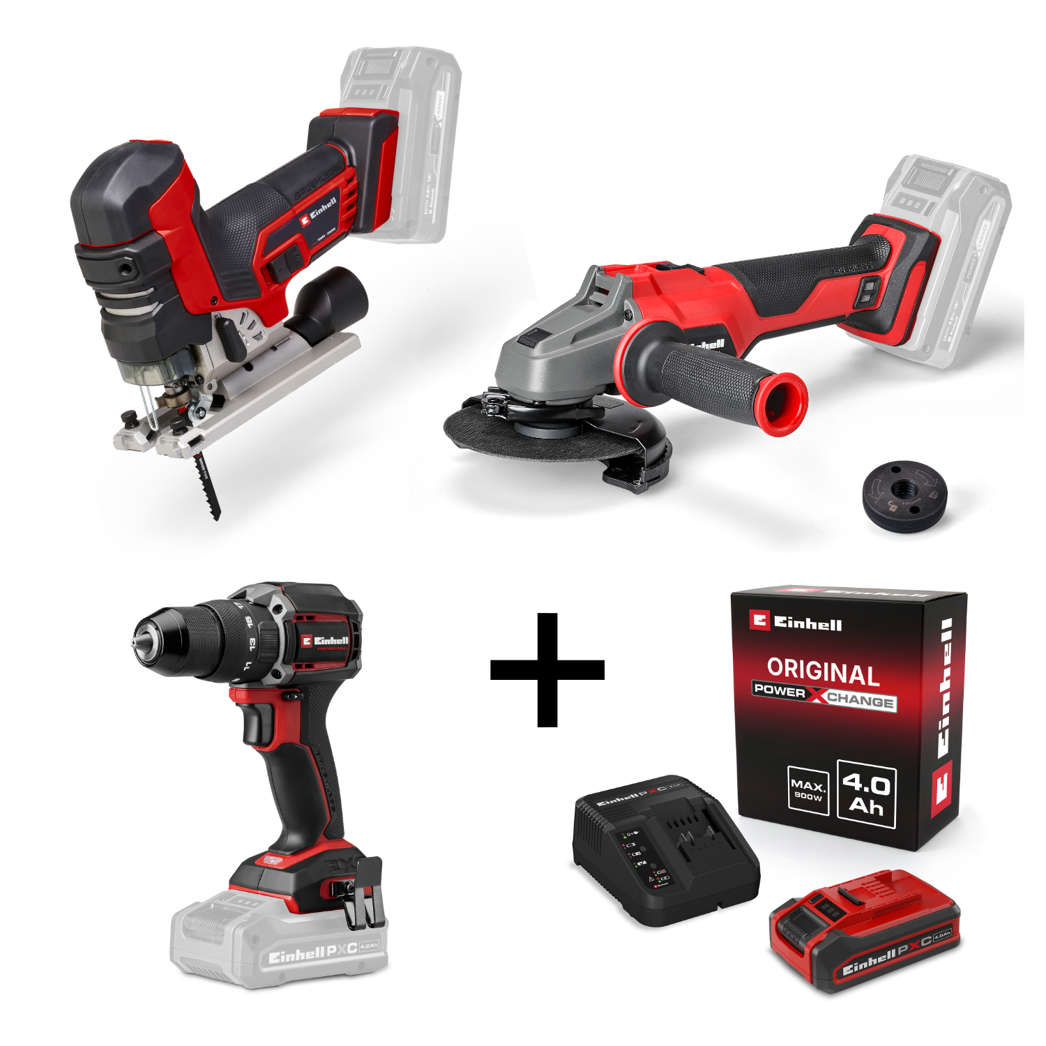 Einhell Professional Akku-Schlagbohrschrauber TP-CD 18/70-C Li-i BL + Akku-Stichsäge TP-JST 18/135 Li BL + Akku-Winkelschleifer AXXIO 18/125 Q + 4Ah PLUS PXC Starter Kit