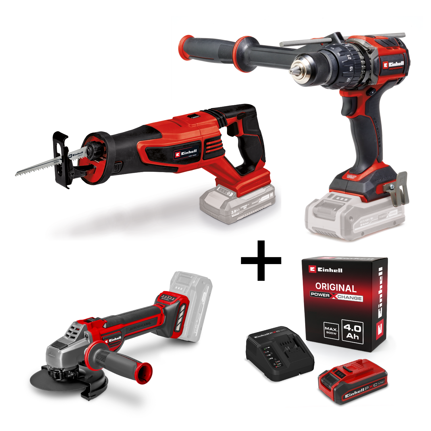 Einhell Professional Akku-Schlagbohrschrauber TP-CD 18/120 Li-i BL + Akku-Universalsäge TP-AP 18/28 Li BL + Akku-Winkelschleifer TP-AG 18/125 CE Q Li + 4Ah PLUS PXC Starter Kit