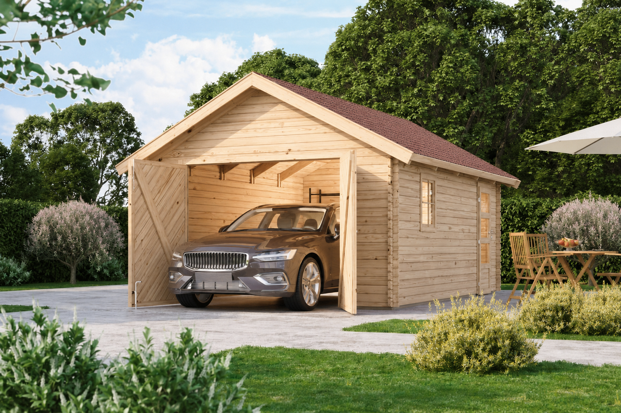 Karibu Blockhausgarage 38 mm mit Tor inkl. Schindeln