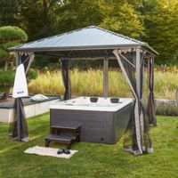 Outdoor Whirlpool WHITE MARBLE inkl. Treppe und Thermoabdeckung, Ozonreinigung, 210 × 160 × 85 cm - Schwarz/Weiß