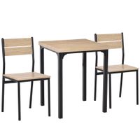3-teilige Essgruppe Küchentisch mit Metallgestell Naturholzmaserung + Schwarz mit Tisch + 2 Stühlen