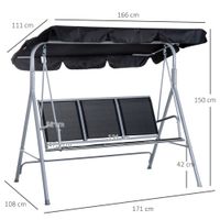 Hollywoodschaukel 3-Sitzer Metall Schwarz+Silber 171 x 108 x 150 cm