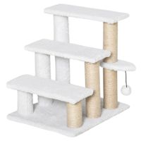 Haustiertreppe mit Kratzbaum Ball 3-stufige Tiertreppe Spanplatte Plüsch Jute Weiß 45 x 40 x 48 cm