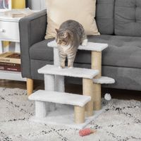 Haustiertreppe mit Kratzbaum Ball 3-stufige Tiertreppe Spanplatte Plüsch Jute Weiß 45 x 40 x 48 cm