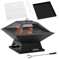 Feuerschale mit Funkenschutz Grillrost Schürhaken für Garten Camping BBQ Stahl Schwarz 45x45x34cm