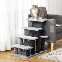 Haustiertreppe mit Kratzbaum Ball 4-stufige Tiertreppe Spanplatte Plüsch Jute Grau 60 x 40 x 64 cm