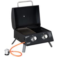 Tischgrill Gasgrill mit 2 Brennern mit Druckminderer Schlauch Edelstahl Schwarz 55 x 46,5 x 41 cm