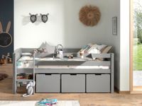 Spielbett 90x200 cm, mit Leiter, Regal, Rolllattenrost, 3 Schubkästen, Kiefer, MDF grau lackiert