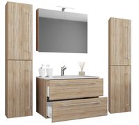 5-tlg. Waschplatz "Badinos 2 Schubfächer" 80 cm | Mit Spiegelschrank + Hochschränke Sonoma-Eiche