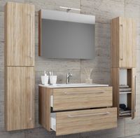 5-tlg. Waschplatz "Badinos 2 Schubfächer" 80 cm | Mit Spiegelschrank + Hochschränke Sonoma-Eiche