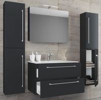 5-tlg. Waschplatz "Badinos 2 Schubfächer" 80 cm | Mit Spiegelschrank + Hochschränke Schwarz