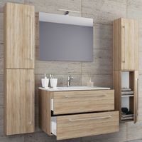 5-tlg. Waschplatz "Badinos 2 Schubfächer" 80 cm | Mit Spiegel + Hochschränke Sonoma-Eiche