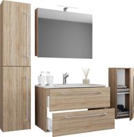 5-tlg. Waschplatz "Badinos 2 Schubfächer" Mit Spiegelschrank und Midi- / Hochschrank Sonoma-Eiche