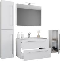 5-tlg. Waschplatz "Badinos 2 Schubfächer" 80 cm | Mit Spiegelschrank und Midi- / Hochschrank Weiß