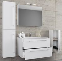 5-tlg. Waschplatz "Badinos 2 Schubfächer" 80 cm | Mit Spiegelschrank und Midi- / Hochschrank Weiß