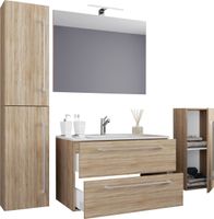 5-tlg. Waschplatz "Badinos 2 Schubfächer" 60 cm | Mit Spiegel und Midi- / Hochschrank Sonoma-Eiche