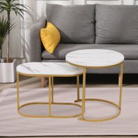 Satztisch Couchtisch Beistelltisch 2tlg. HWT52-WEI Marmor Weiß Dekor Gestell Gold