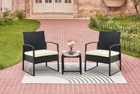 3tlg. Casual-Set Balkonset Sitzgruppe schwarzes Rattan mit Sitzkissen in beige