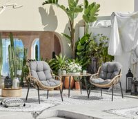 3 tlg. Dining-Set HGS39-GRA helles Rattan mit Sitzkissen in grau