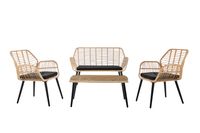 7tlg. helles Rattan Loungeset mit Sitzkissen in schwarz 
